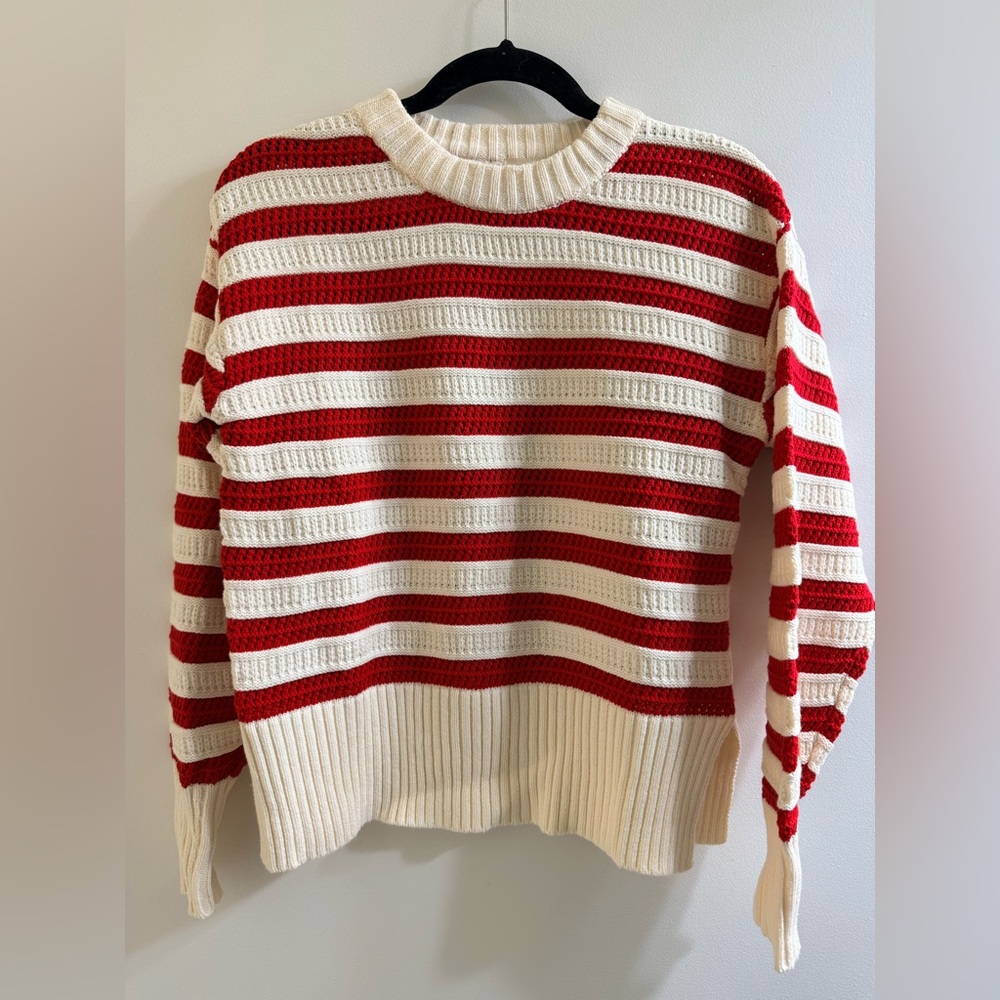 Chic Striped Red and Cream Women's Sweater - Picture 3 of 7